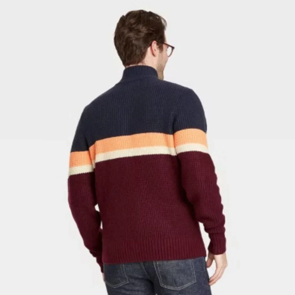 Goodfellow & Co - Men’s Striped Red & Blue Zip-Up Pullover Sweater - Men's XL​